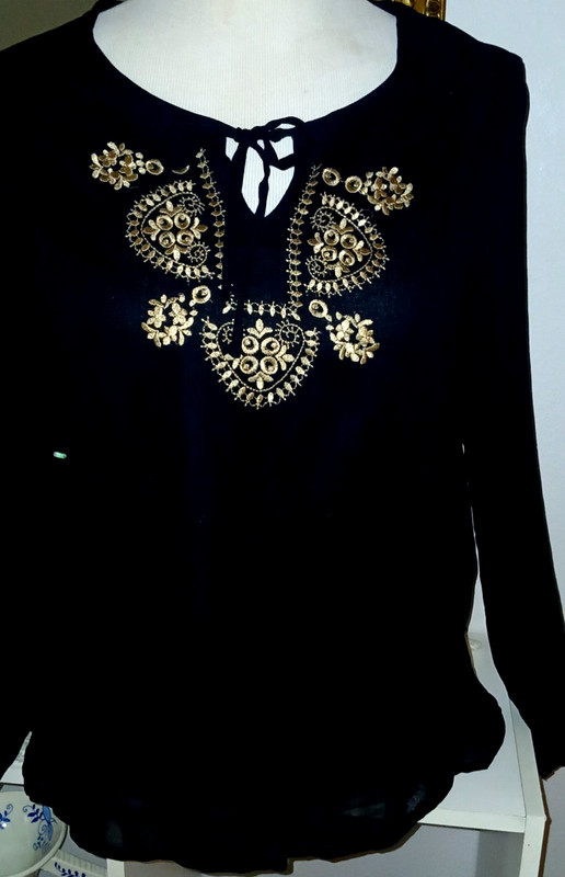 Boho chic Notations lined black w gold embroidery rayon top India M