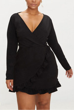 Pretty Little Thing Plus Black Long Sleeve Ruffle Wrap Mini Dress Size 26 New