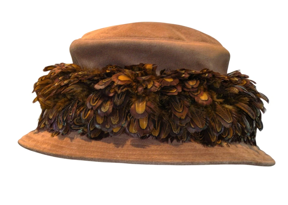 Sombrero Eric Javits vintage, estilo eduardiano marrón gamuza/plumas, repelente al agua Foto 4 de 4