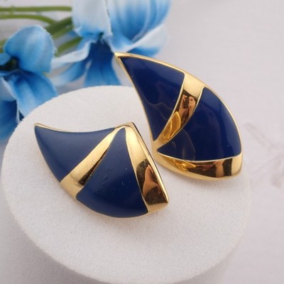 Vintage Monet Blue Enamel Stylized Triangle Gold Tone Omega Pierced Earrings