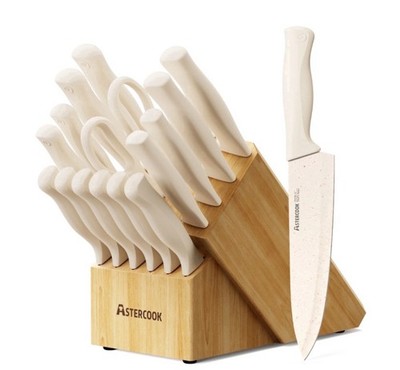 Astercook White Kitchen Knife Set, 15-Piece with Block & Sharpener, Plastic