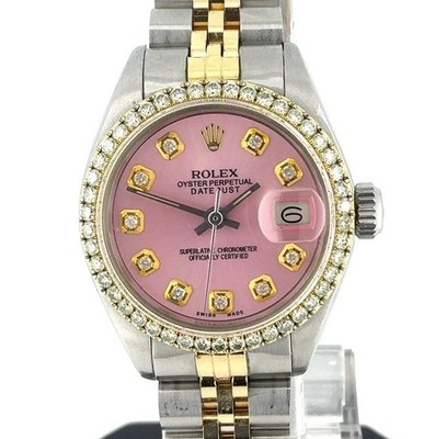 ローズANDストーン 時計 1974 Rolex Datejust Ladies 6924 Two-Tone Pink Diamond Dial & Bezel