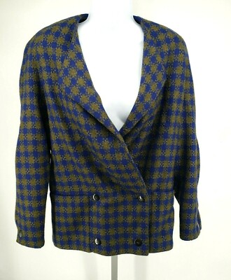 Vtg Michi Moon For Sanyo Womens Green Blue Houndstooth Blazer Jacket Size 6