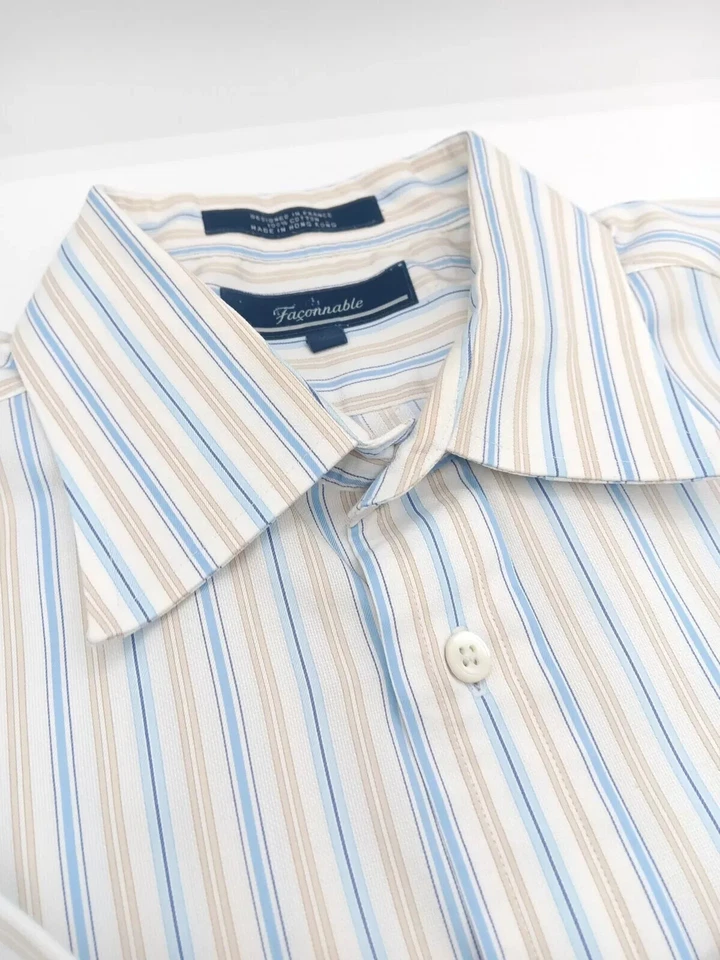 🇫🇷 Faconnable мужской размер L 16 x 34 100% хлопок платье рубашка многоцветная полоса - Изображение 4 из 4