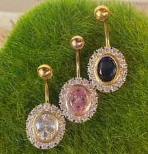 1pc Large Oval Shape CZ 14Kt Gold Plated Pierced Belly Navel Naval Ring