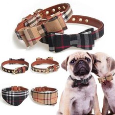 Dog Collar Pu Leather Tartan Plaid Bow Tie Check Adjustable Pet Puppy Cat Scarf