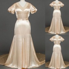 Vintage Champagne Wedding Dresses with Short Sleeves A Line Satin Bridal Gowns