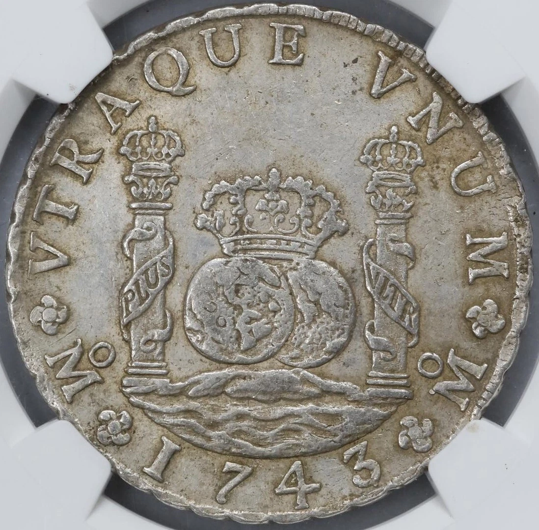 Mexico Philip V 8 Reales 'Pillars' 1743 Mo-MF NGC AU-55 Mexico