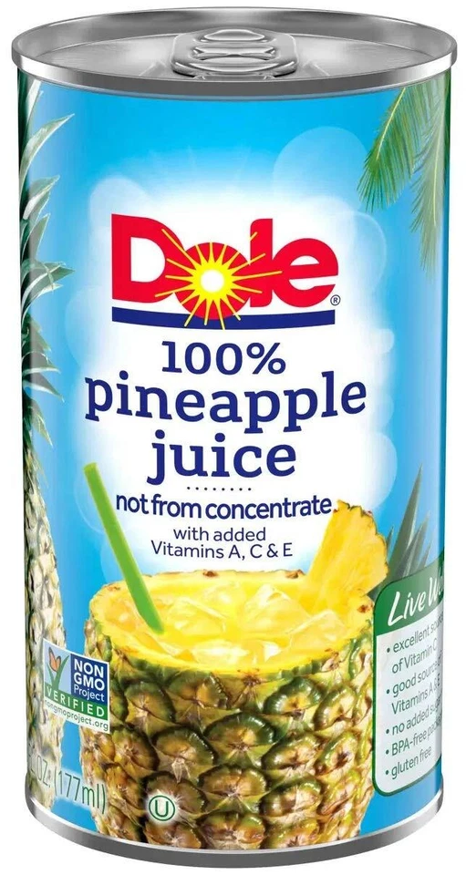 Dole 100% Pineapple Fruit Juice~No ADDED SUGAR~LOT PACK of 6~12~24 (6 oz EACH) - Image 3 of 4