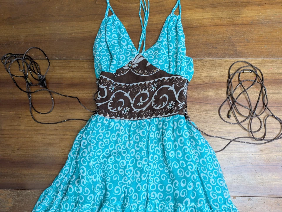 ECI New York Floral Silk Fairy Beaded Embellished Lace Up Corset Spaghetti Dress - Image 3 of 4