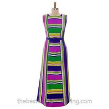 Vintage 70s Tori Richard Summer Maxi Dress Stripe Print Belted Polyester M/L