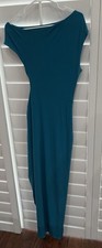 Teal Ruched Maxi Dress Boat Neck Sleeveless Long Knit Pullover Women