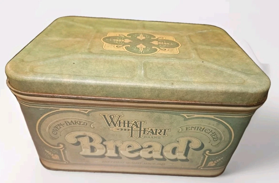 WheatHeart Bread Tin Bread Box 1977 14" x 7.5" x 10" Hinged Lid, Granny Core