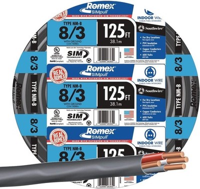 SOUTHWIRE Romex NM-B 8/3 Wire 125ft Non-Metallic Black