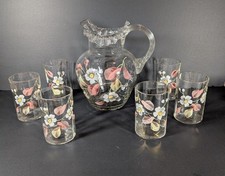 Victorian Lemonade Pitcher Set, Hand blown hand painted, 6 glasses, 1890-1910