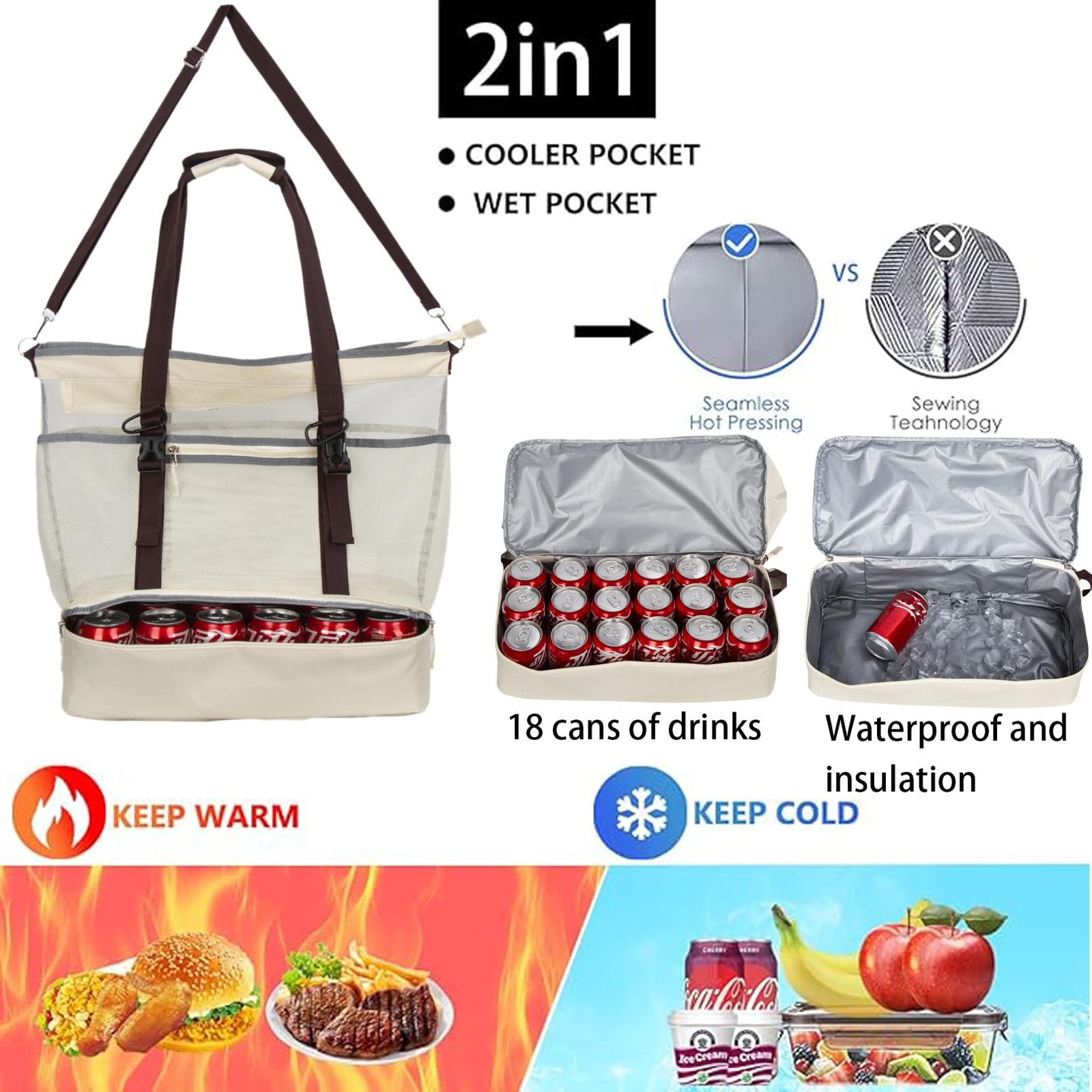 Mesh Beach Bag with Cooler Large Travel Family Vacation Essentials Pool Swimm thumbnail 4