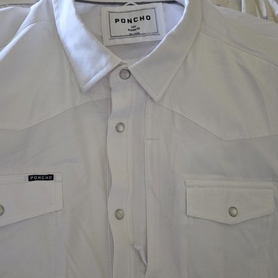PONCHO Men's XXL Button Up Shirt Solid White Long Sleeved Pearl Snap Front Pkts