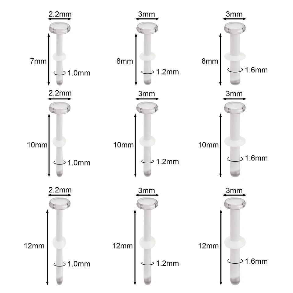 Lote de 3 piezas 14G/16G/18G Vidrio Transparente Nariz Tachuelas Cejas Piercing Labio Piercing Foto 2 de 4