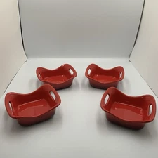 Rachel Ray Bubble & Brown Set Of 4 10 oz Red Ramekins Square Handled