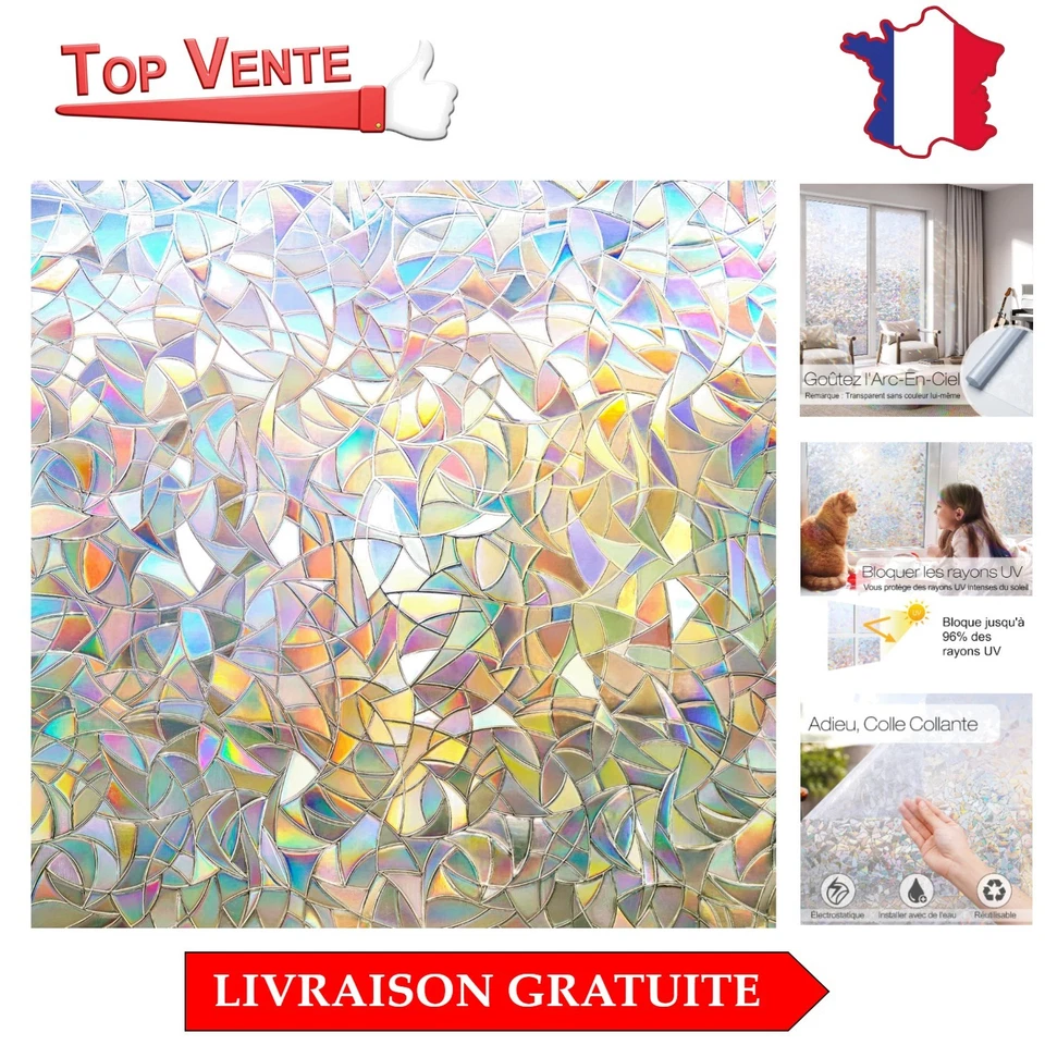Film Fenêtre Anti Regard Arc-en-Ciel 30x200cm - Protection UV et Décoratif - Photo 1/4