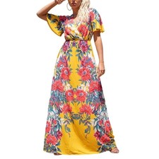 Yellow Floral Flying Tomato Maxi Dress Flutter Sleeve Bohemian Boho Size M