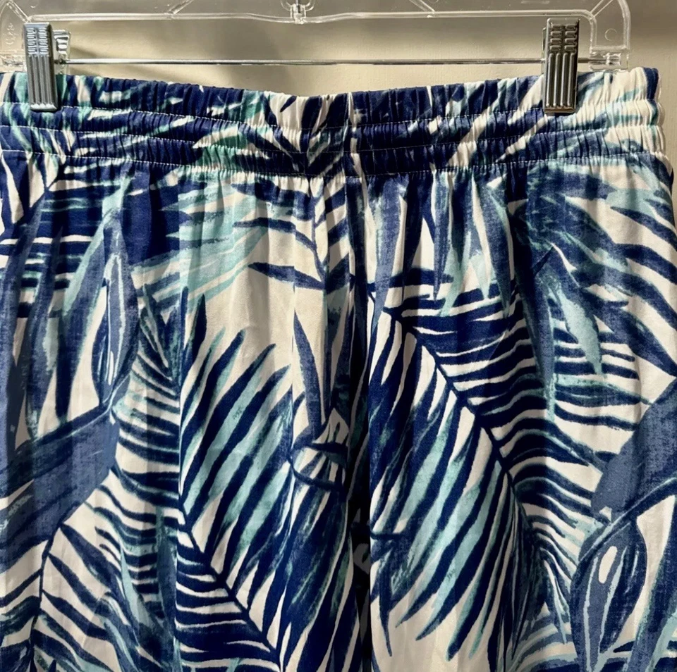NWT C&C California Wide Leg Pant Sz M Blue Tropical  Leaf Print Tasseled Pull On - Image 4 of 4