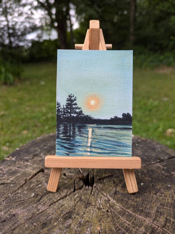 ACEO Original Acrylic Painting Lake Sunset OOAK 3.5 in x 2.5 in