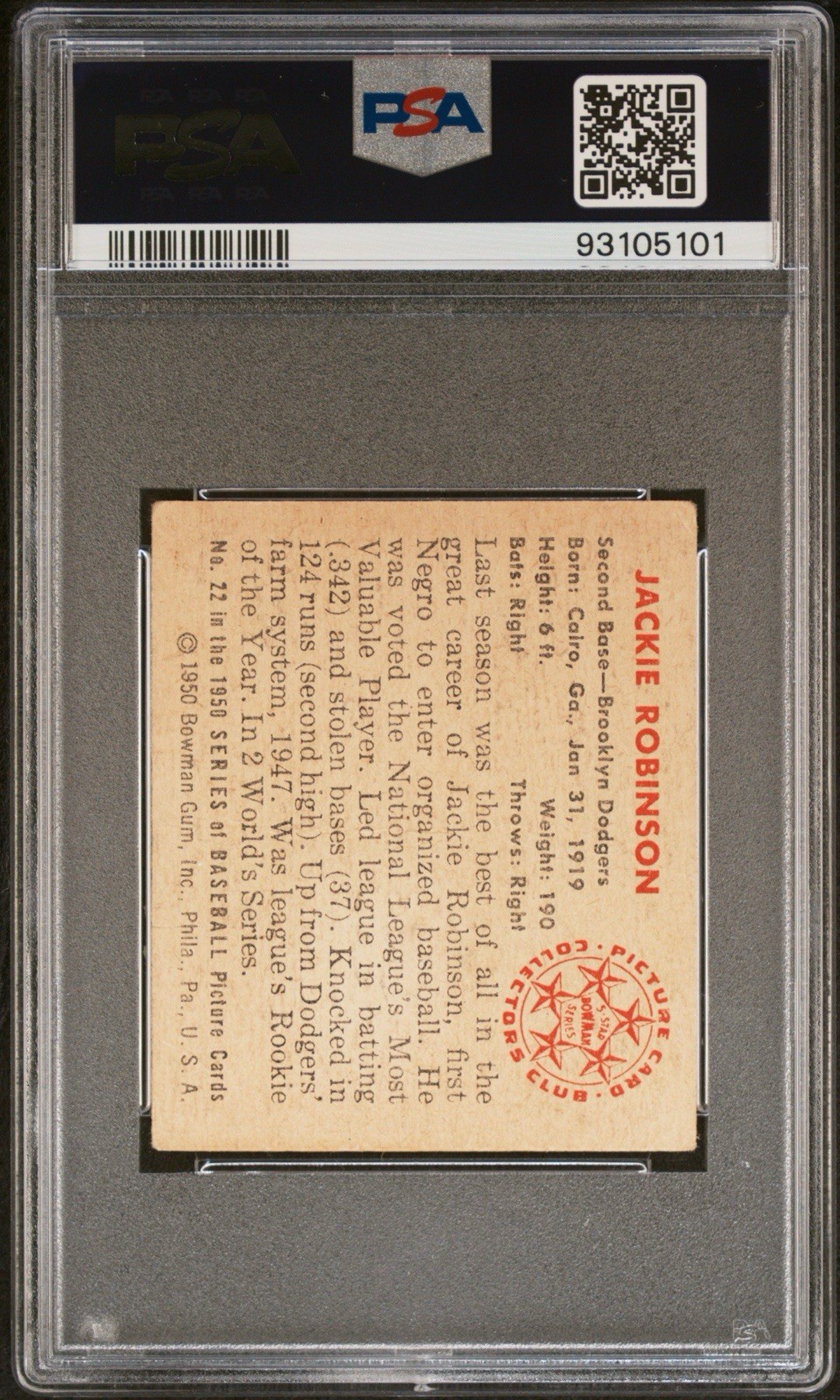 1950 bowman jackie robinson PSA 1.5 MBA Gold view 3