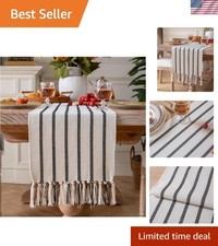 Boho Table Runner 108 Inchs Long Black and Beige, Cotton and Linen Woven with...