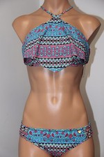NWT Raisins Swimsuit Bikini 2pc set Sz L Hamptons High Neck Strappy BLK