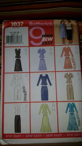 Butterick Pattern 3037 Nine Sew Easy Top Flared Bias Skirt Scarf Suit 14 16 18 