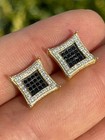 Mens 14K Gold Plated 925 Silver Iced Kite Black CZ Square Earrings Studs