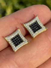 Mens 14K Gold Plated 925 Silver Iced Kite Black CZ Square Earrings Studs