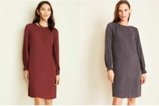 New Ann Taylor Gray Red Pleated Smocked Long Sleeve Houndstooth Shift Dress 8 14