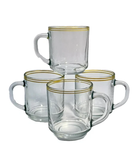 Glass Coffee Tea Cups Arcoroc France Clear & Yellow Stripes Mugs (set Of 4) VTG