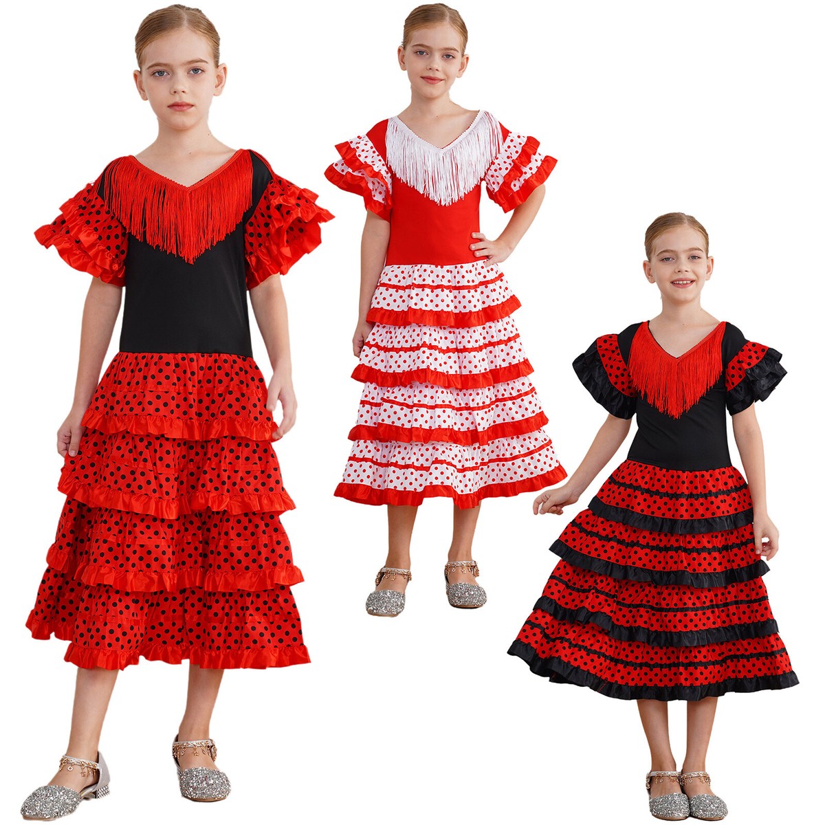 Niños Niñas Flamenca Borla Volantes En Niveles Escenario Vestidos Disfraz