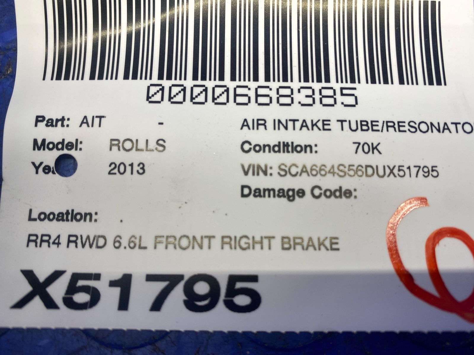 2009-2014 ROLLS ROYCE GHOST RR4 RWD 6.6L FRONT RIGHT BRAKE AIR PIPE TUBE 7198872