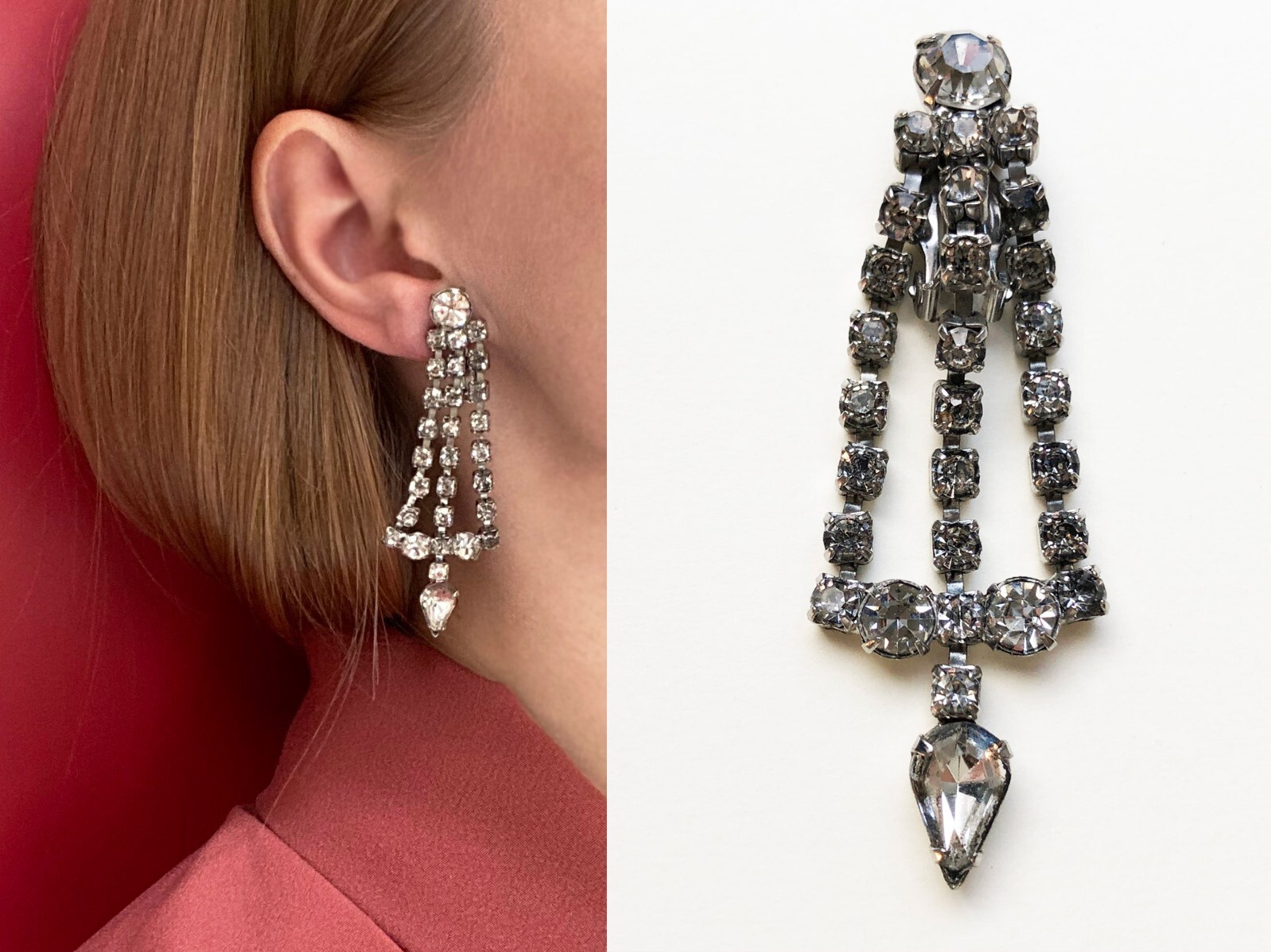 Statement single earring clip on, clear rhineston… - image 1