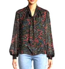 Co Woman Blouse Silk Chiffon Multicolor Floral Print  Long Sleeve Tie Neck XL