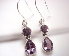 Faceted Amethyst Teardrop and Round Double Gem 925 Sterling Silver Earrings