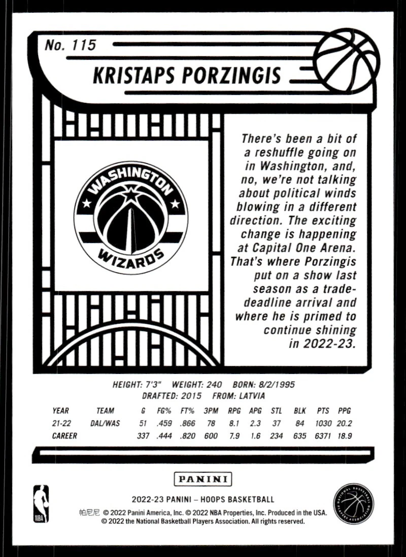 Kristaps Porzingis 2022-23 NBA Hoops Premium Set Silver B28 /199 #115 Washington
