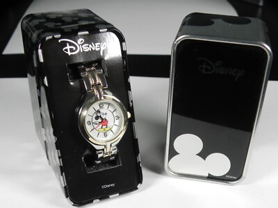 NRFB Disney Mickey Mouse Watch in Tin 2-Tone Metal Band, MZ Berger, NEEDS BATT
