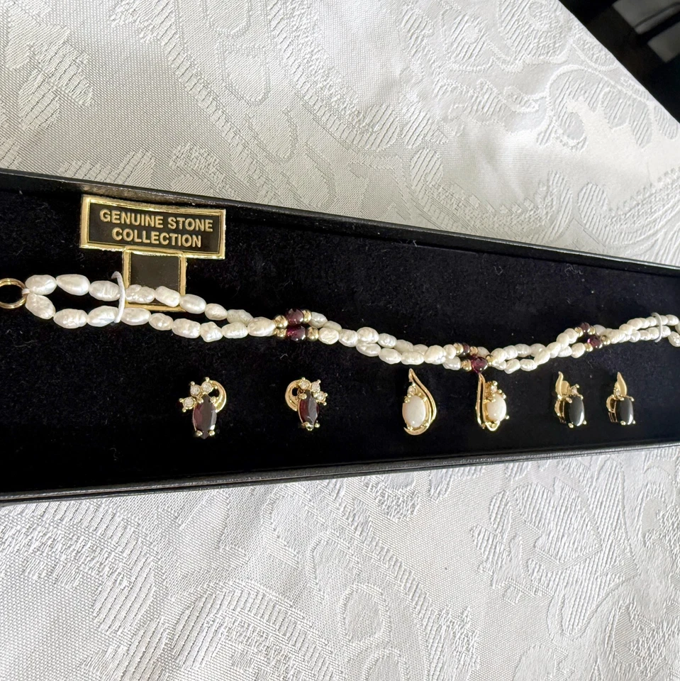 4 pc Set Fresh Water Pearls Garnet Bracelet 3 Pairs Earrings Genuine Stones Opal - Image 2 of 4