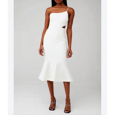 Likely Fina One Shoulder White Midi Dress Cutout Flounce Hem Bridal Formal 4