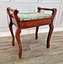 Antique Piano Stool - Wooden Mahogany Upholstered Dressing Vanity Seat - Storage