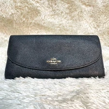COACH Coach Long Wallet Leather Black Gold Logo Flap Ladies