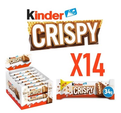 14 Bars Kinder Crispy 34g Chocolate Covered Milk Cream and Hazelnut Wafer Kinder