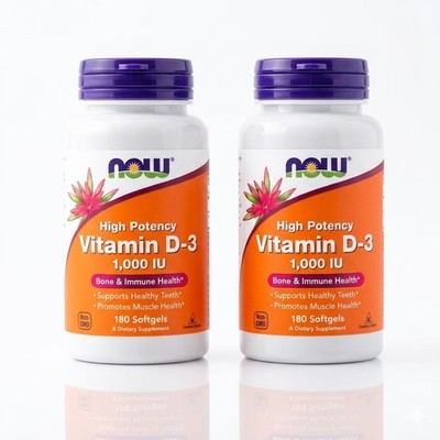 NOW Foods Vitamin D-3 High Potency 1000 IU 180 Softgels (PACK OF 2)