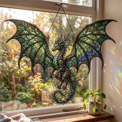 Forest Dragon Suncatcher Acrylic Style, Woodland Dragon Window Hanging Decor