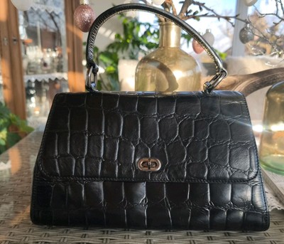 Schwarze Leder Henkeltasche - Krokoprägung - Umhängeriem.-TOSCA BLUE - Neuwertig